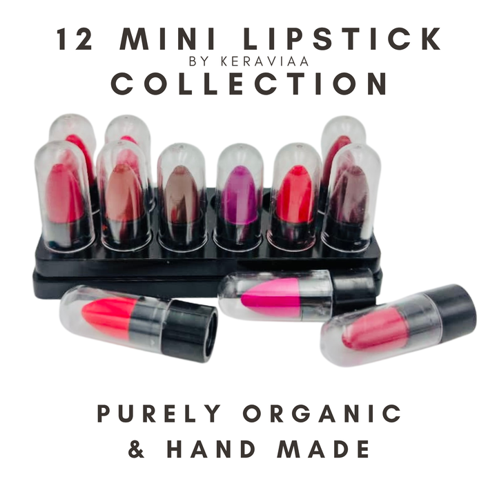 Keraviaa Organic Handmade Mini Bullet Lipstick Set – 12 Shades Pack, Natural & Chemical-Free Lip Colors