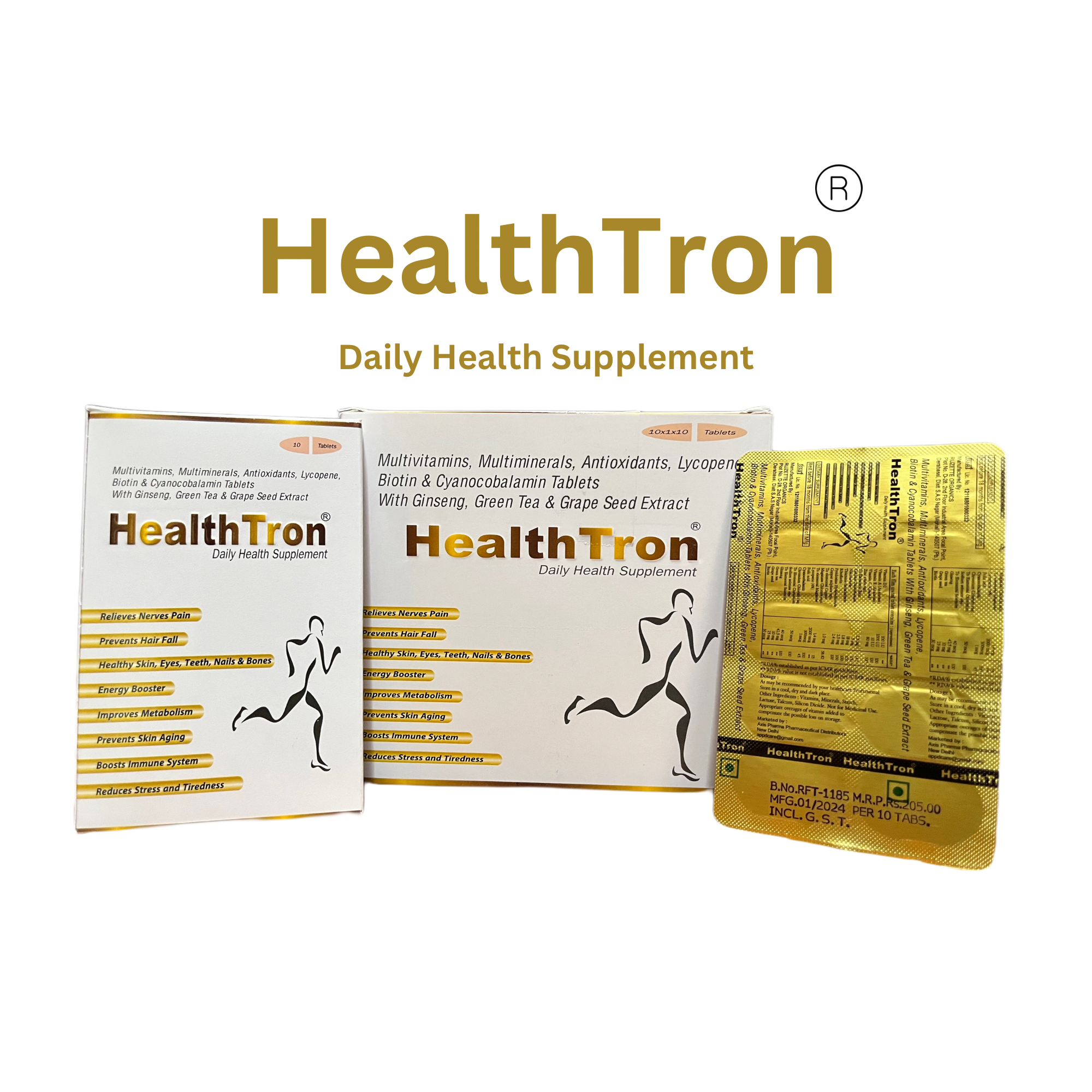 HEALTHTRON 30 Multivitamin Tablets – Glowing Skin, Healthy Hair & Nails, Energy, Immunity & Stress Relief | 30 Veg Tablets