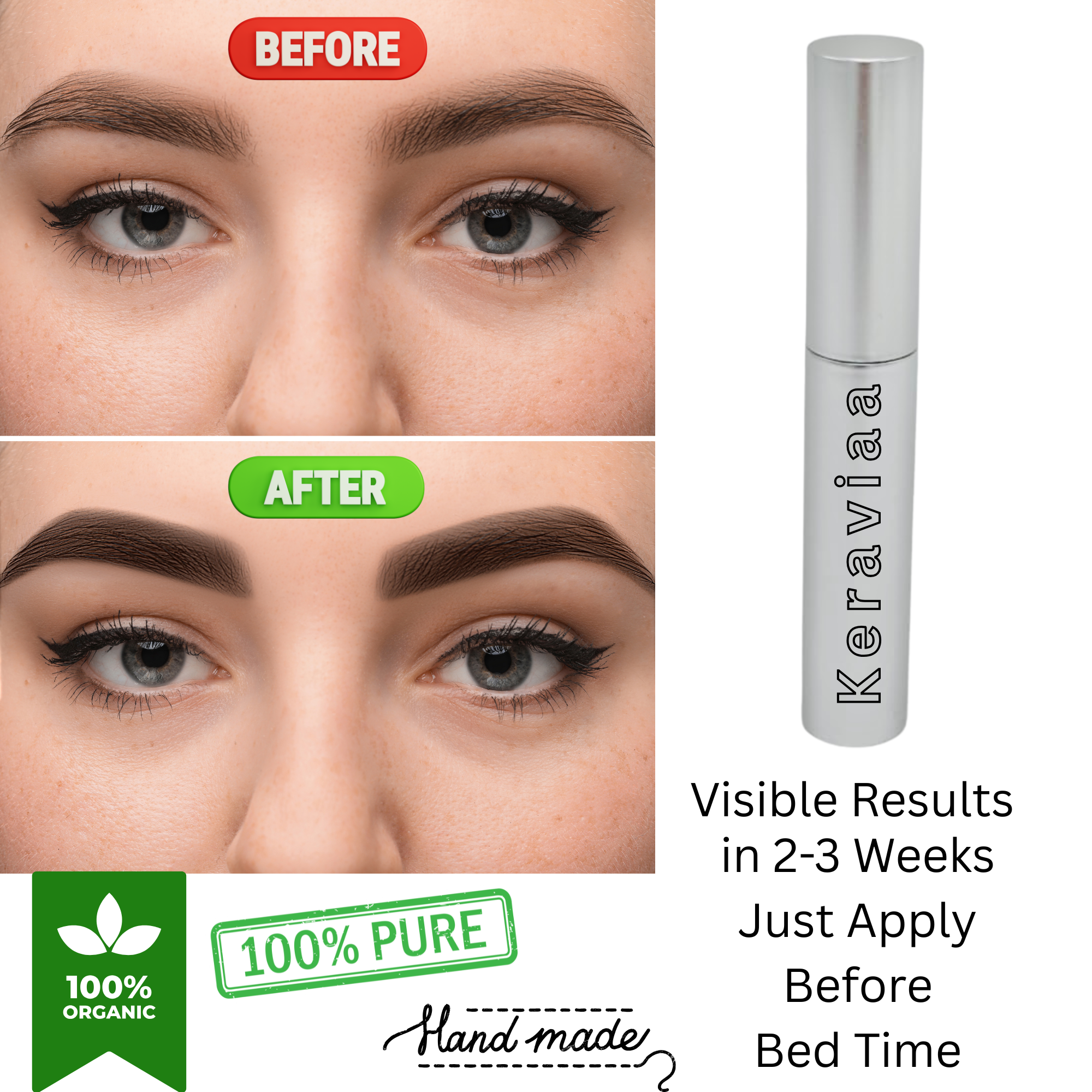 Keraviaa Organic Handmade Eyebrow & Eyelash Growth Serum – With Mascara Brush, Natural & Chemical-Free Formula