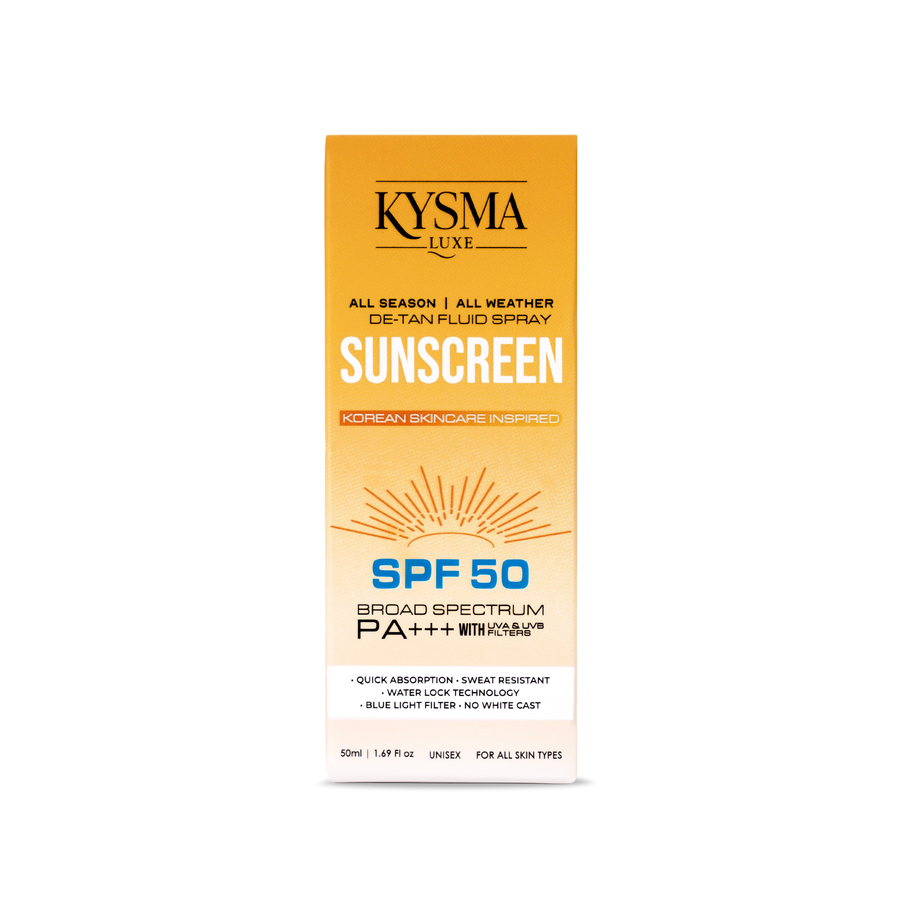 Kysma Luxe Sunscreen Spray SPF 50 PA+++ | De-Tan Fluid Spray with UVA/UVB & Blue Light Protection | Sweat Resistant, Zero Alcohol | Quick Absorbing, No White Cast, For All Skin Types | Unisex | 50ml