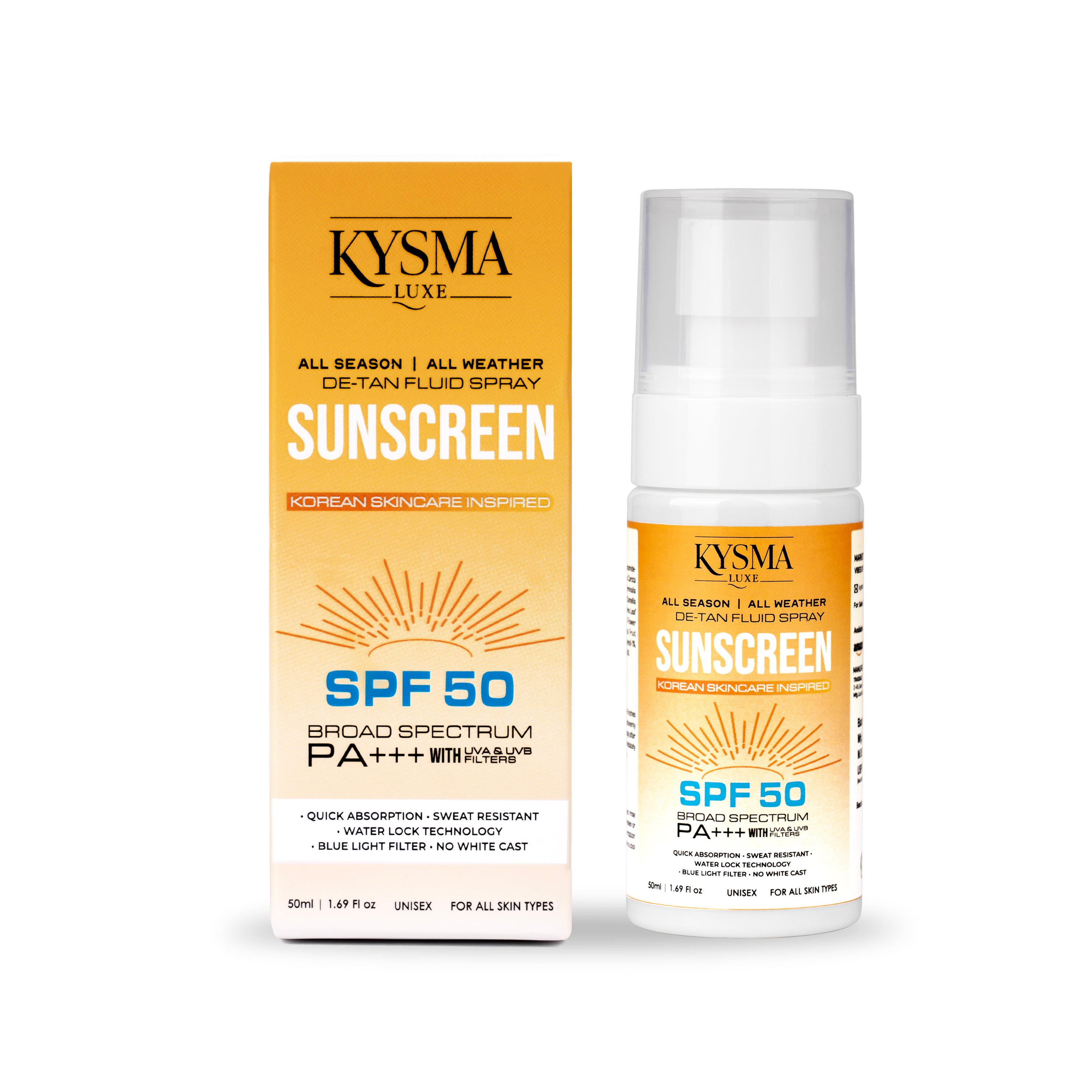 Kysma Luxe Sunscreen Spray SPF 50 PA+++ | De-Tan Fluid Spray with UVA/UVB & Blue Light Protection | Sweat Resistant, Zero Alcohol | Quick Absorbing, No White Cast, For All Skin Types | Unisex | 50ml