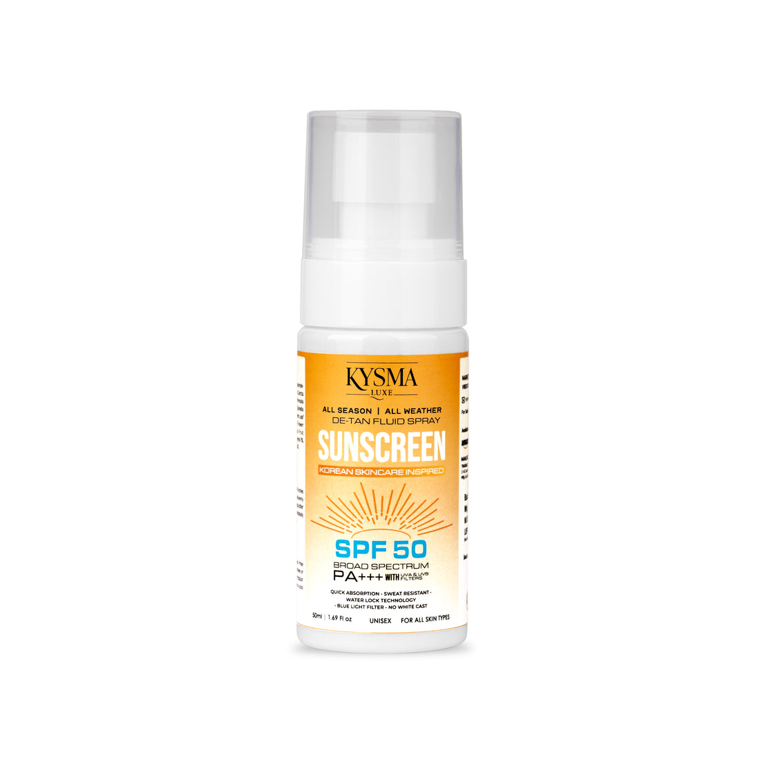 Kysma Luxe Sunscreen Spray SPF 50 PA+++ | De-Tan Fluid Spray with UVA/UVB & Blue Light Protection | Sweat Resistant, Zero Alcohol | Quick Absorbing, No White Cast, For All Skin Types | Unisex | 50ml