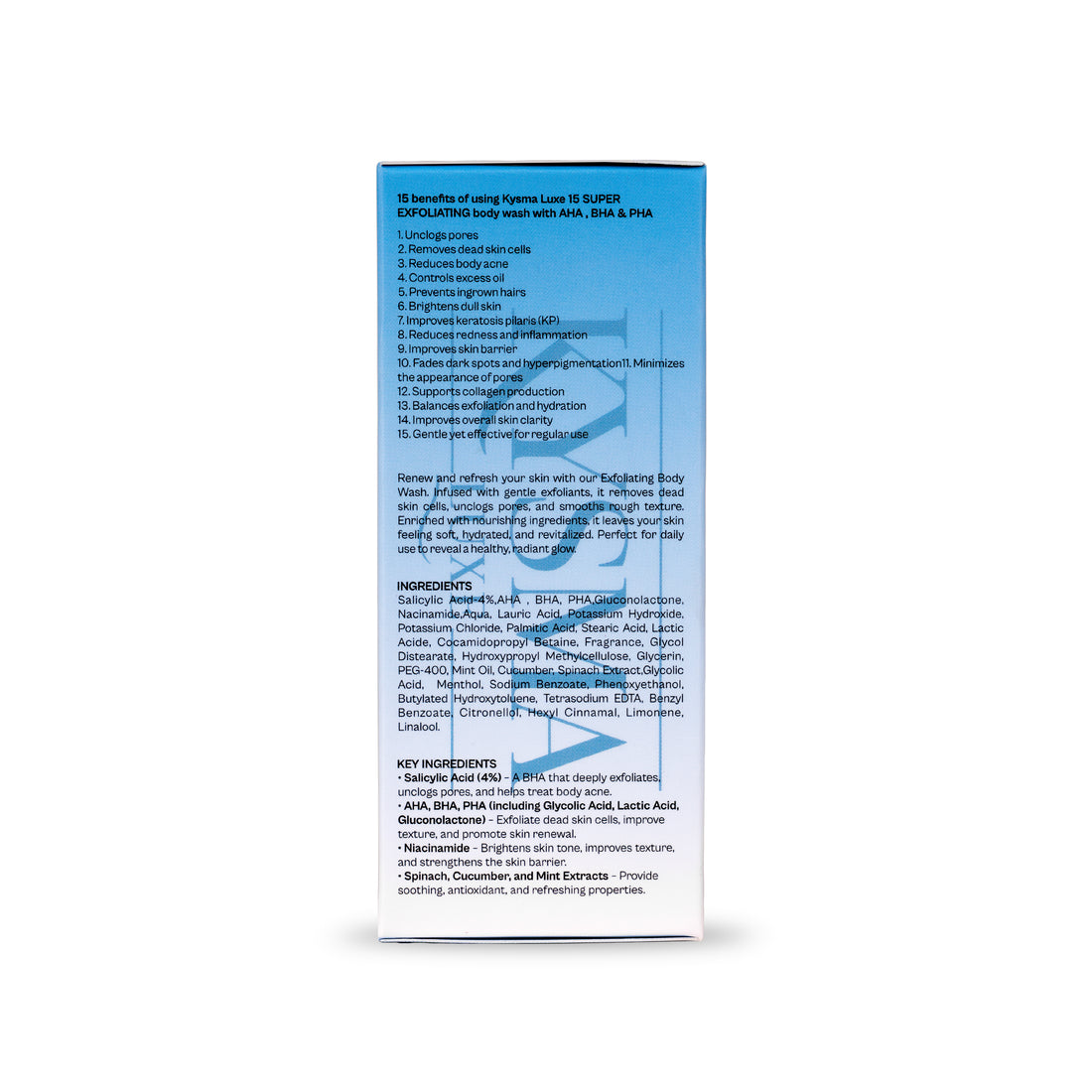 Kysma Luxe Body Wash with AHA BHA PHA | Super Exfoliating & Hydrating Formula for Smooth Skin | Salicylic Acid, Niacinamide & Gluconolactone | All Skin Types | Unisex | No Sulphates No Parabens | 200ml