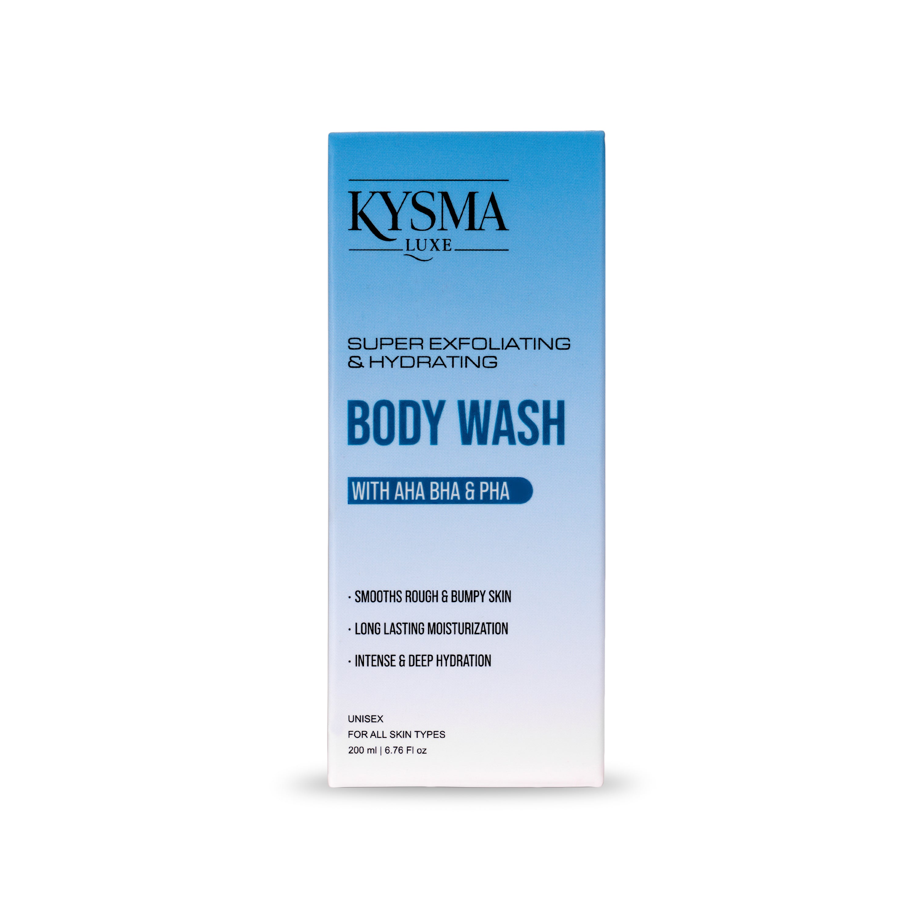 Kysma Luxe Body Wash with AHA BHA PHA | Super Exfoliating & Hydrating Formula for Smooth Skin | Salicylic Acid, Niacinamide & Gluconolactone | All Skin Types | Unisex | No Sulphates No Parabens | 200ml
