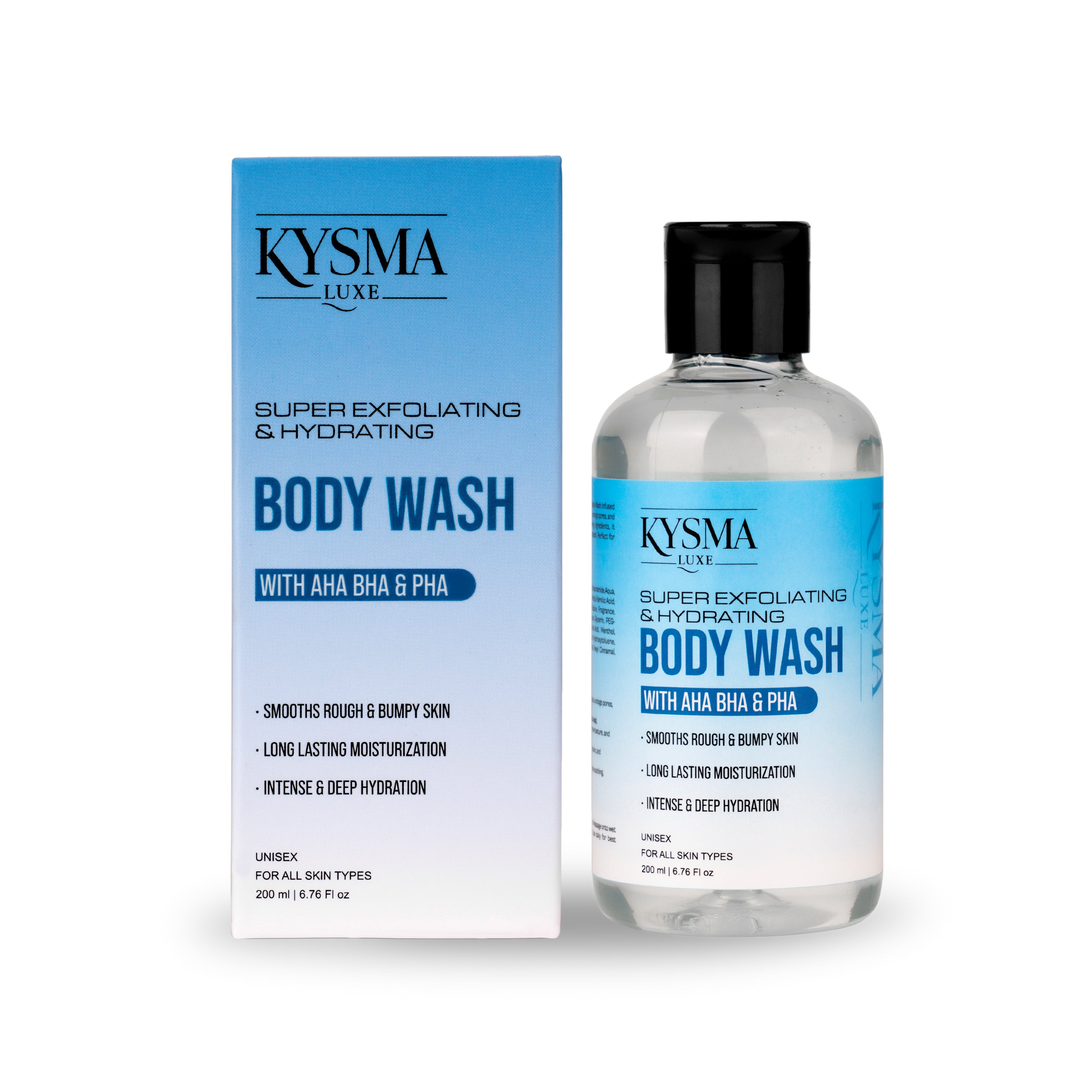 Kysma Luxe Body Wash with AHA BHA PHA | Super Exfoliating & Hydrating Formula for Smooth Skin | Salicylic Acid, Niacinamide & Gluconolactone | All Skin Types | Unisex | No Sulphates No Parabens | 200ml