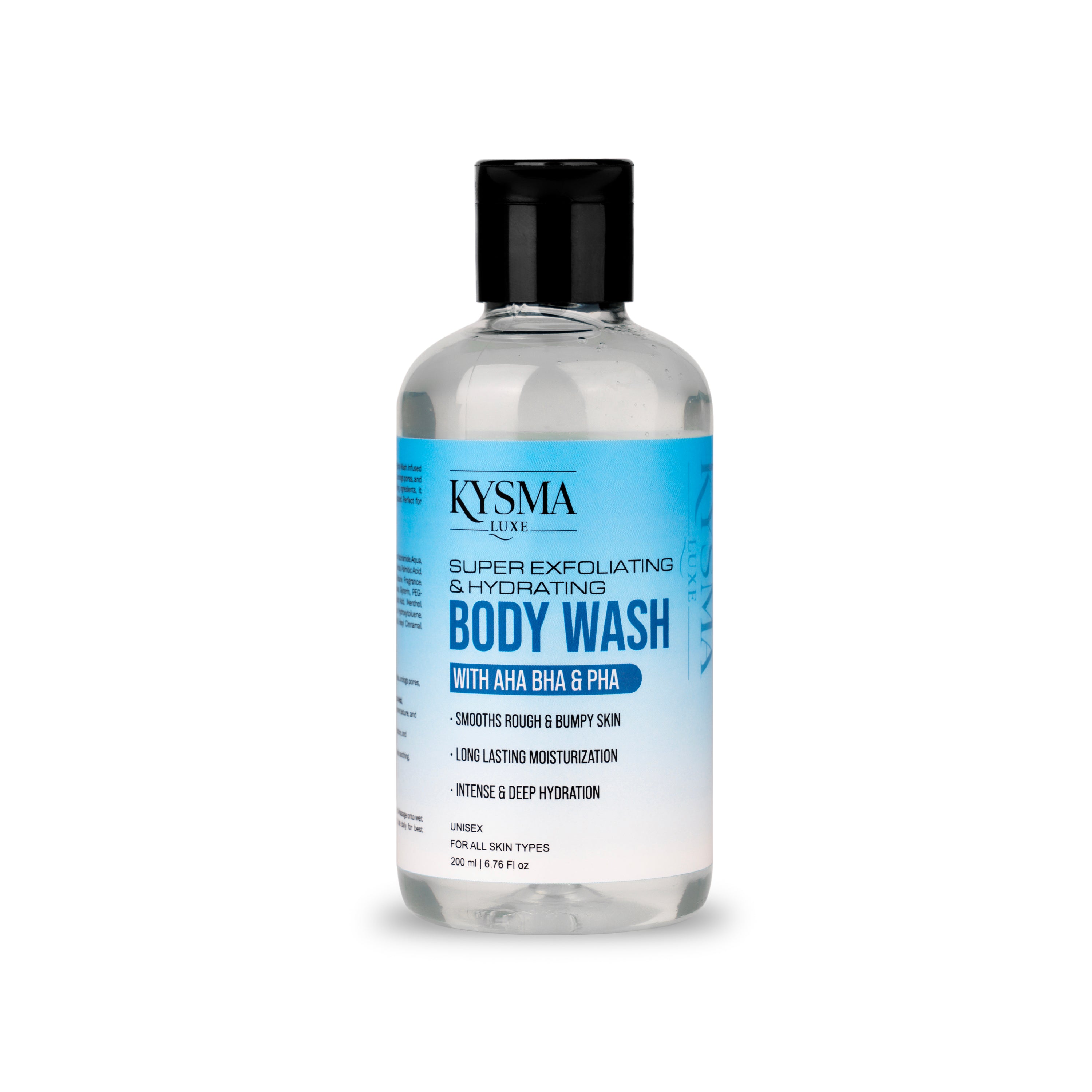 Kysma Luxe Body Wash with AHA BHA PHA | Super Exfoliating & Hydrating Formula for Smooth Skin | Salicylic Acid, Niacinamide & Gluconolactone | All Skin Types | Unisex | No Sulphates No Parabens | 200ml
