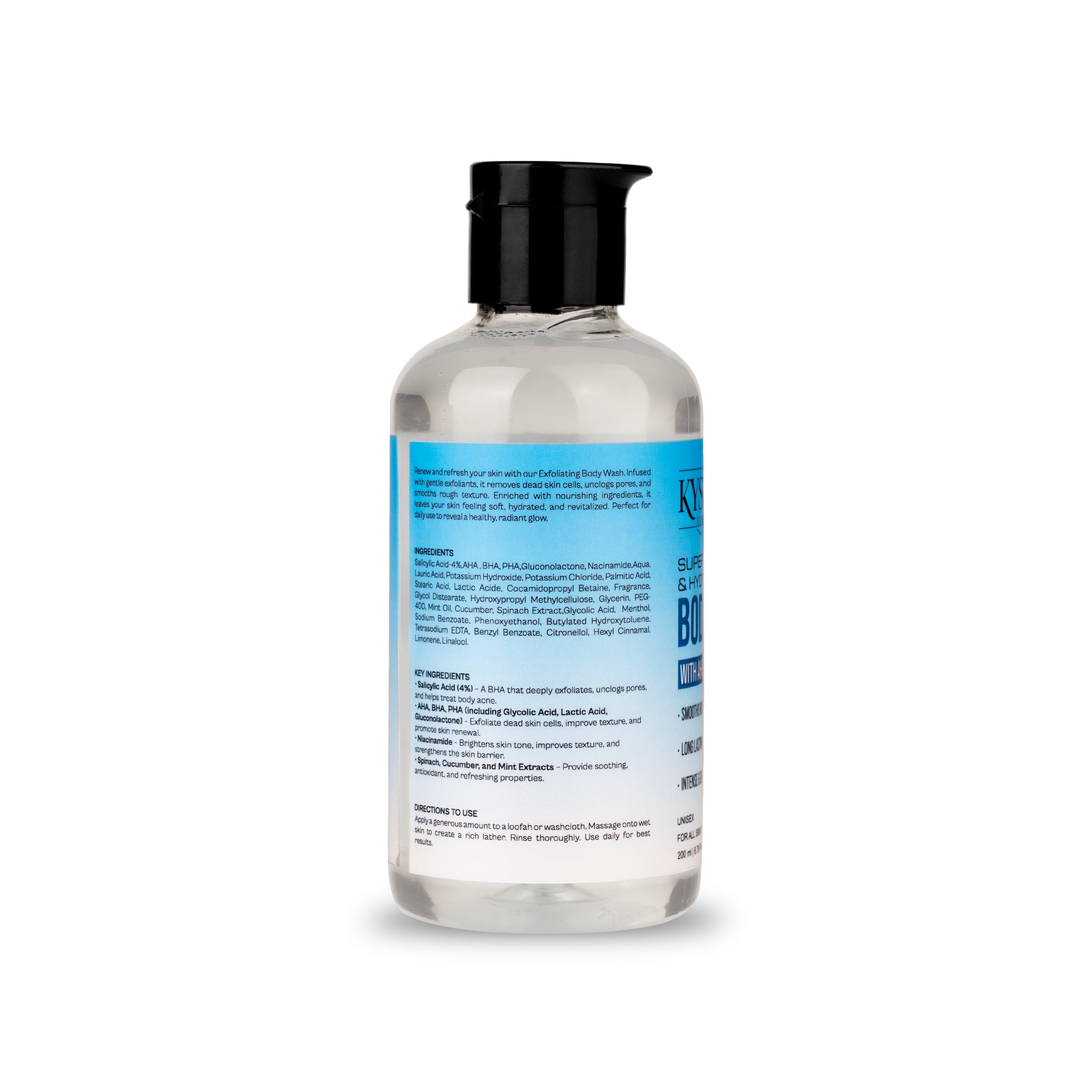 Kysma Luxe Body Wash with AHA BHA PHA | Super Exfoliating & Hydrating Formula for Smooth Skin | Salicylic Acid, Niacinamide & Gluconolactone | All Skin Types | Unisex | No Sulphates No Parabens | 200ml